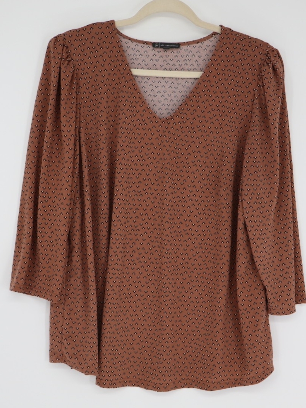 Adrianna Papell Beige Black Geometric Long Sleeve Blouse Size 1x Lightweight